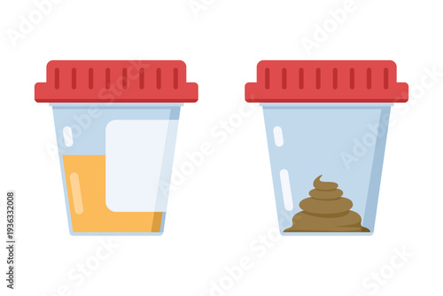 Flat cartoon vector illustration of feces and urine sample containers, medical laboratory test concept, plastic specimen cups isolated on white background for healthcare and diagnostic analysis.