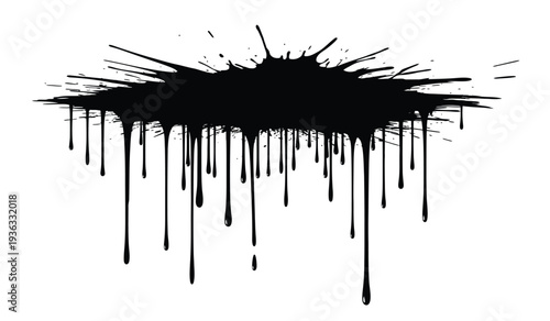 Black paint splatter with drips, abstract artistic design element