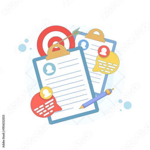Vector illustration of recruitment and HR management, job interview, hiring candidates, recruitment agency workflow, modern flat vector for business, staffing, and employment concept.