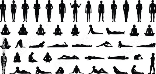 Black Silhouette People Relaxing and Reading Set, Men and Women Using Phones and Tablets Vector Collection