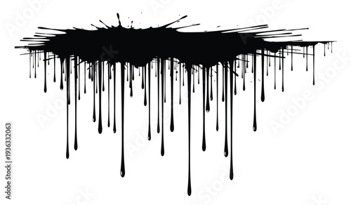 Black paint splatter dripping down with messy streaks and drops