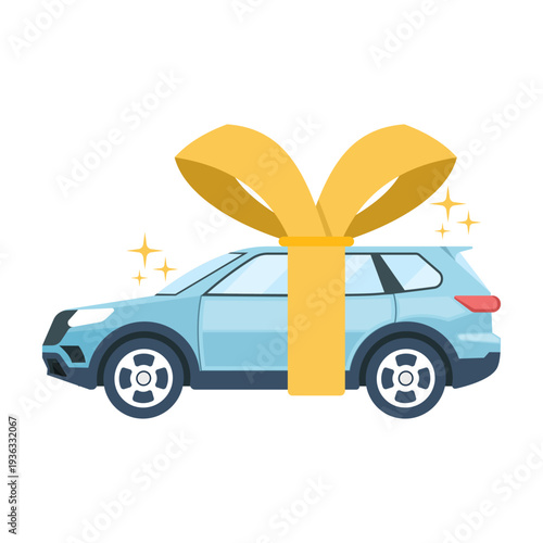 Vector illustration of blue car wrapped with yellow ribbon, car gift concept, celebration, automotive present, flat vector design on white background for stock, gift, and special occasion concept.