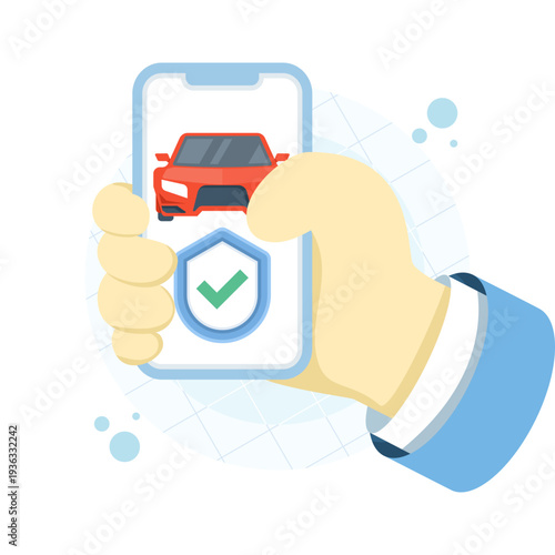 Vector illustration of mobile phone with car shield and check mark, vehicle protection, remote auto safety, flat smartphone icon, modern flat vector design for automotive security and technology.