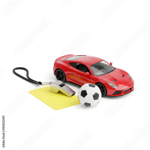 Yellow card red car whistle and soccer ball on white background
