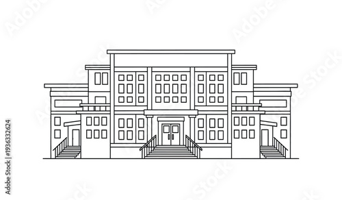 A detailed architectural drawing of a large house with multiple windows and stairs