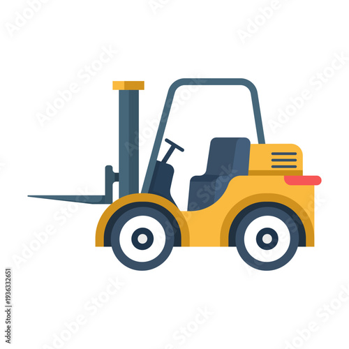 Flat vector illustration of yellow forklift vehicle icon, warehouse transport equipment, industrial lifting truck for cargo handling, logistics and delivery concept, modern flat design.
