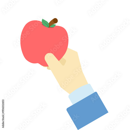 Flat vector illustration of hand holding an apple, healthy fruit, nutrition, wellness, vegetarian food, diet concept, modern flat design for health, lifestyle, and wellness projects.
