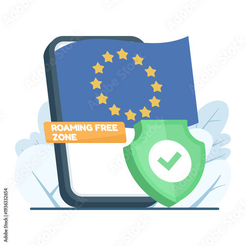 Vector illustration of smartphone with shield check mark, good roaming free zone concept, secure mobile connection, high-speed internet and reliable telecom service.