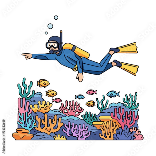 Scuba Diver Exploring Vibrant Coral Reef with Tropical Fish