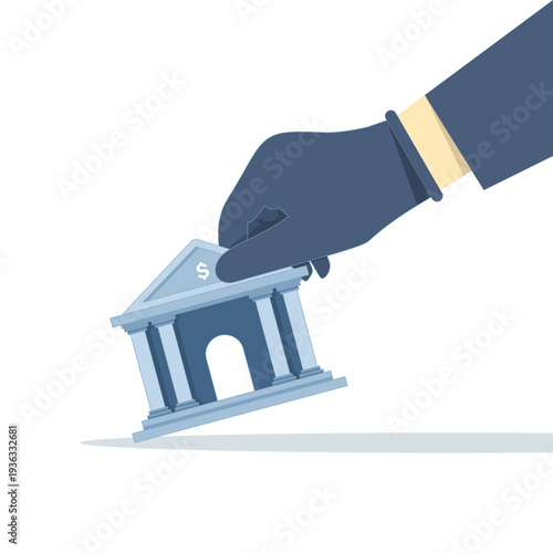 Flat vector illustration of thieves stealing from banks and accounts, expensive coins theft, budget losses, financial risk, and modern business concept for finance and security.