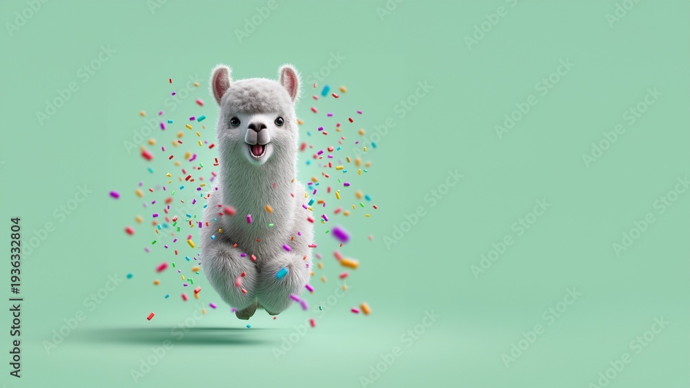 Fototapeta premium Niedliches springendes weißes Lama-Plüschtier mit Konfettis auf grünem Hintergrund – 3D-Illustration