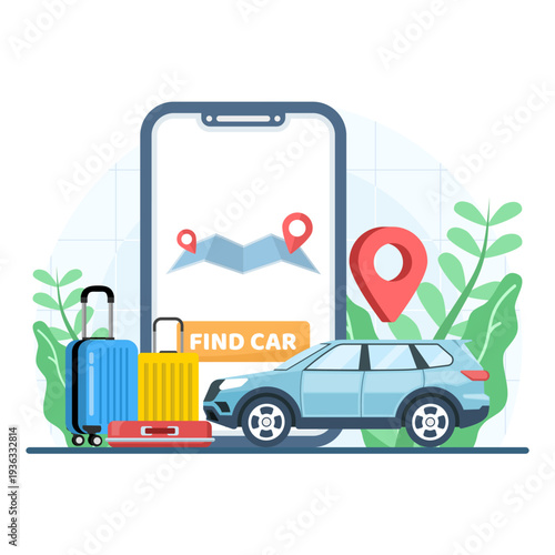 Flat vector illustration of car sharing service app, people ordering online taxis, ride rental, mobile location sharing, modern flat design for transportation, travel, and mobility concept.