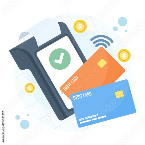 Illustration of payment card and terminal for mobile payments, short-range communication, online banking, secure contactless transactions, modern flat vector design for finance apps.