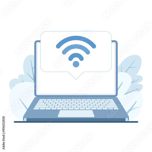 Vector illustration of laptop with WiFi signal icon above screen, wireless internet connectivity and digital communication concept in modern flat vector design.