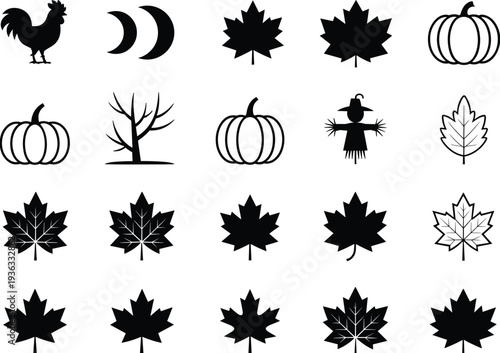 Autumn fall season icon set, pumpkin maple leaf scarecrow rooster moon tree silhouettes, thanksgiving harvest symbols isolated vector illustration collection