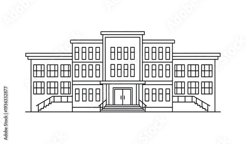 A detailed line drawing of a large building with many windows and a central entrance