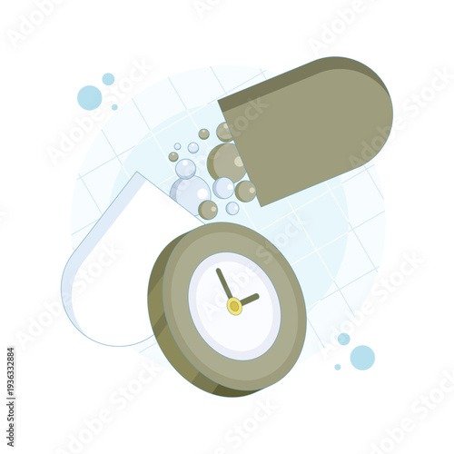Vector illustration set of medicine pill icon with clock, tablet taking reminder, medicine dose schedule, healthcare, flat vector design for medical apps, health, and wellness concept.
