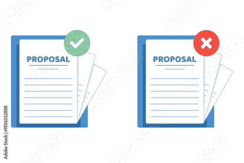 Vector illustration of proposal documents on clipboard, red rejected and green approved stamps, business approvals, document evaluation, modern flat vector design for office and workflow.