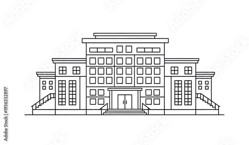 A large building with many windows and a staircase on either side in a simple line drawing style