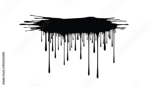 Black paint splatter dripping down on isolated with streaks and drops