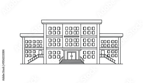 A large building with many windows and stairs leading up to the entrance