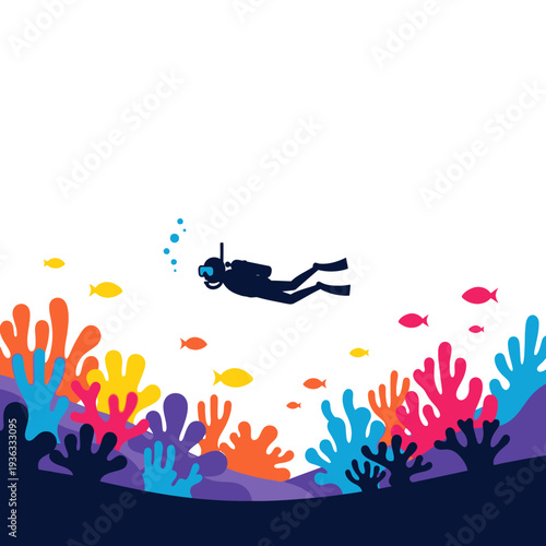 Scuba diver exploring vibrant coral reef with colorful fish and marine life