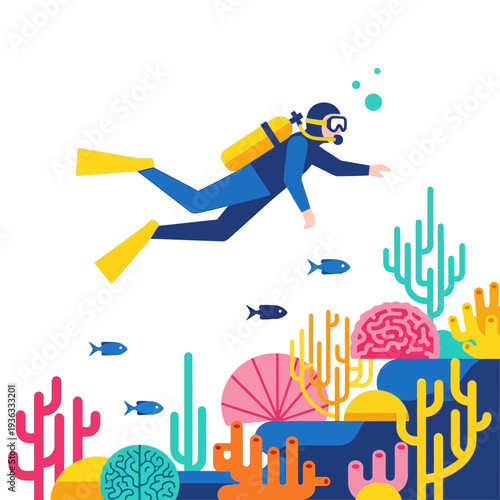 Scuba diver exploring vibrant coral reef with colorful fish and marine life