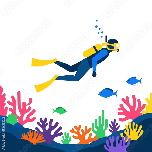 Scuba diver exploring vibrant coral reef with colorful fish and marine life