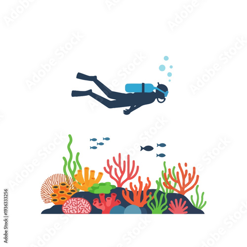 Scuba diver exploring vibrant coral reef with colorful fish and marine life