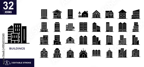 Set of 32 Buildings icons in glyph style.