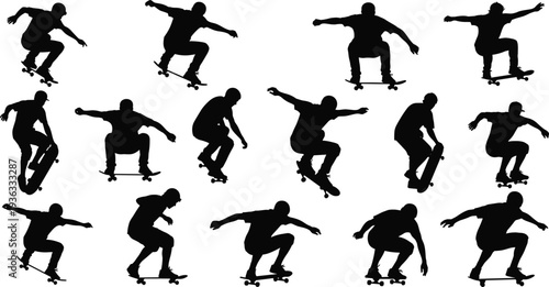 Silhouettes of skateboarder performing trick sequence, dynamic motion, takeoff to landing, extreme sport action, vector illustration art