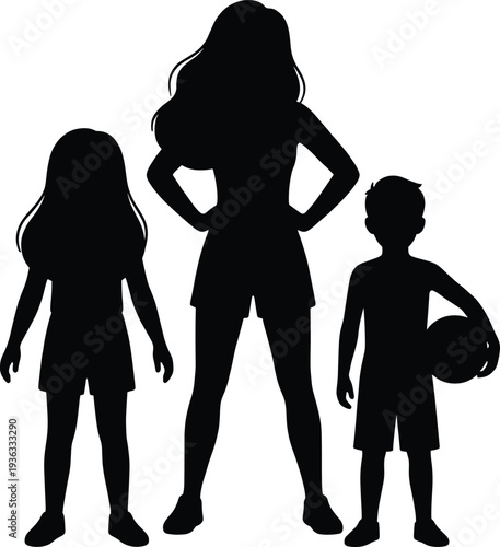 Black silhouette of a mother standing with her son and daughter, featuring a boy holding a ball, perfect for family and lifestyle.