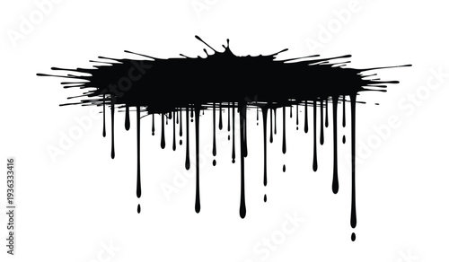 Black paint splatter with drips on a, creating a dynamic abstract art piece with bold brushstrokes and texture