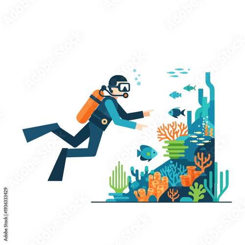 Scuba diver exploring vibrant coral reef with colorful fish underwater