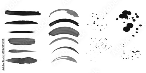 A set of hand-drawn brushstrokes and spots isolated on a white background. Vector artistic design elements for backgrounds, overlays, and banners.