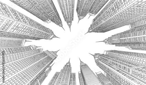 Black and white illustration of a cityscape viewed from above with a burst of white in the center
