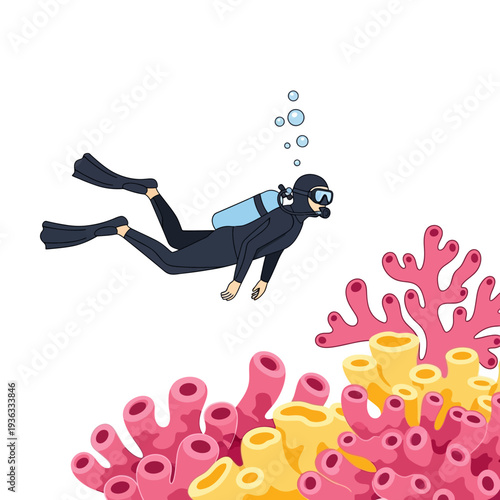 Scuba diver exploring vibrant coral reef with colorful marine life and bubbles