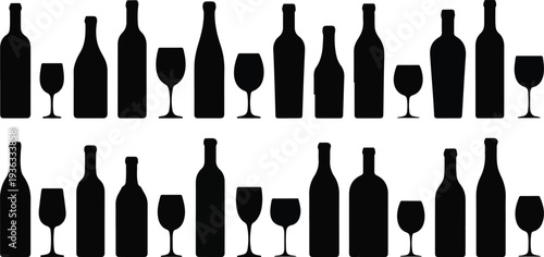 Wine Bottle and Glass Silhouette Set, Black Vector Icons for Bar and Restaurant Design