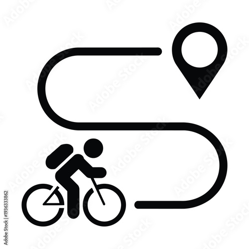 Cyclist navigating a winding path towards a destination marker isolated on white background, Vector, illustration
