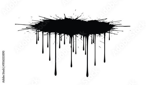 Black ink splatter with drips, artistic paint blob with streaks and splashes
