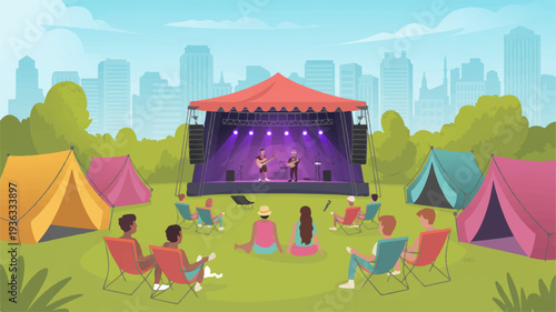 People enjoying outdoor music festival with tents and city skyline background