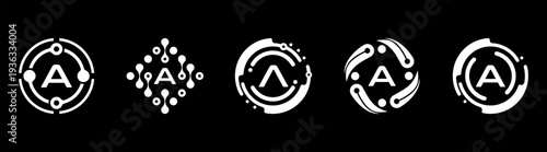 Set of minimalist letter A technology logos in monochrome style. Abstract circular and network shapes represent digital systems, AI, innovation, and modern tech branding on black background
