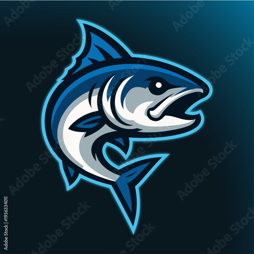 A sleek blue tuna mascot, rendered with bold lines and vibrant hues, exudes power and aquatic energy against a dynamic gradient background.