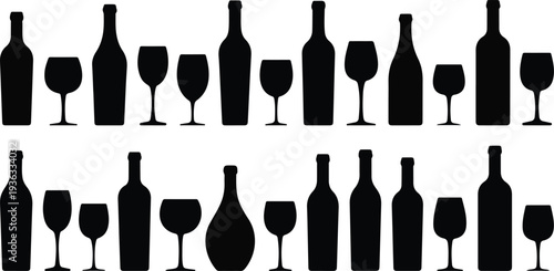 Wine Bottle and Glass Silhouette Set, Black Vector Icons for Bar and Restaurant Design