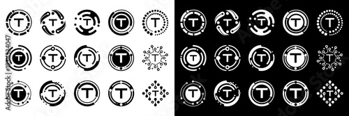 Futuristic letter T logo set with abstract round technology elements and clean digital lines. Ideal for tech companies, AI tools, and modern branding systems.