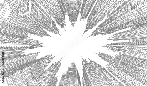 Black and white illustration of a cityscape viewed from above with a burst of lines radiating outward