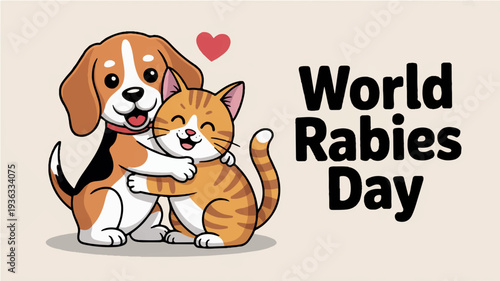 Cute dog and cat hugging on world rabies day with heart symbol on beige background
