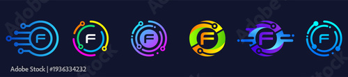 Futuristic letter F logo concept with smooth gradient shapes and tech circuit style.