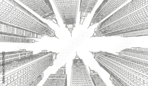 Black and white illustration of a cityscape with a starburst effect