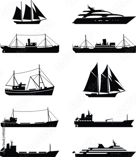 Collection of various ship silhouettes including sailboats, luxury yachts, cargo vessels, fishing boats, and ocean liners for maritime and nautical design projects.